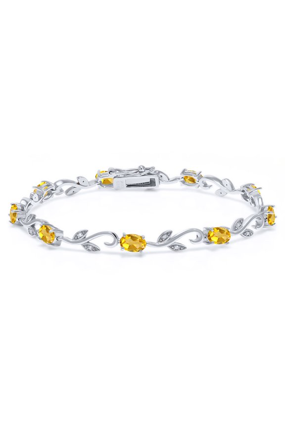 4.18 Cttw Yellow Citrine and Diamond Greek Vine Oval Tennis Bracelet for Women | 925 Sterling Silver | Gemstone Birthstone | Oval 6X4MM | 7 inch