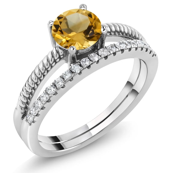 Gem Stone King 925 Sterling Silver Yellow Citrine Engagement Engagement Ring for Women (0.99 Cttw, Gemstone November Birthstone, Round 6MM, Size 5)