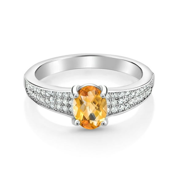 Gem Stone King 925 Sterling Silver Yellow Citrine Engagement Ring for Women (1.73 Cttw, Oval Checkerboard 8X6MM, Gemstone November Birthstone, Size 9)