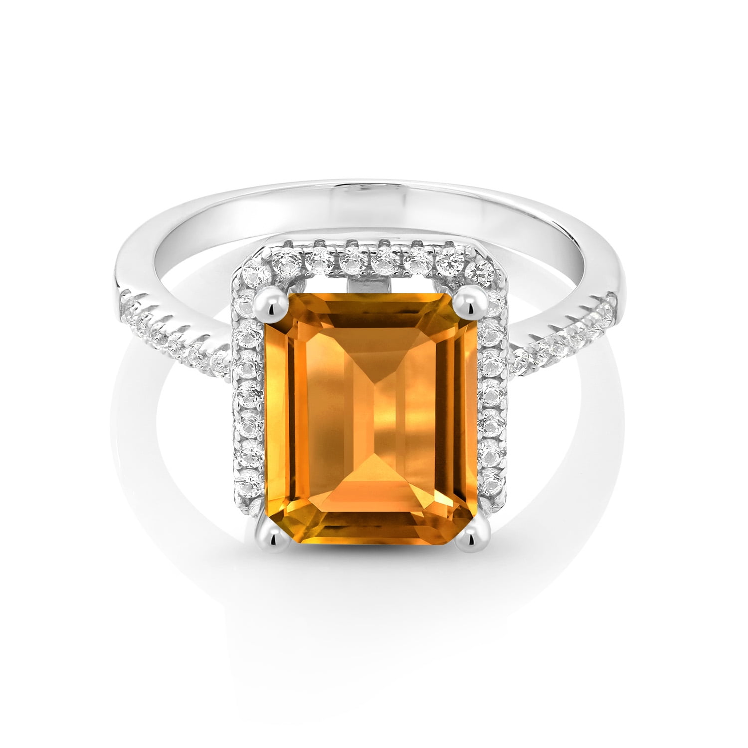 Gem Stone King 925 Sterling Silver Yellow Citrine Engagement Ring for Women (3.26 Cttw, Emerald Cut 10X8MM, Gemstone November Birthstone, Available in Size 5,6,7,8,9)