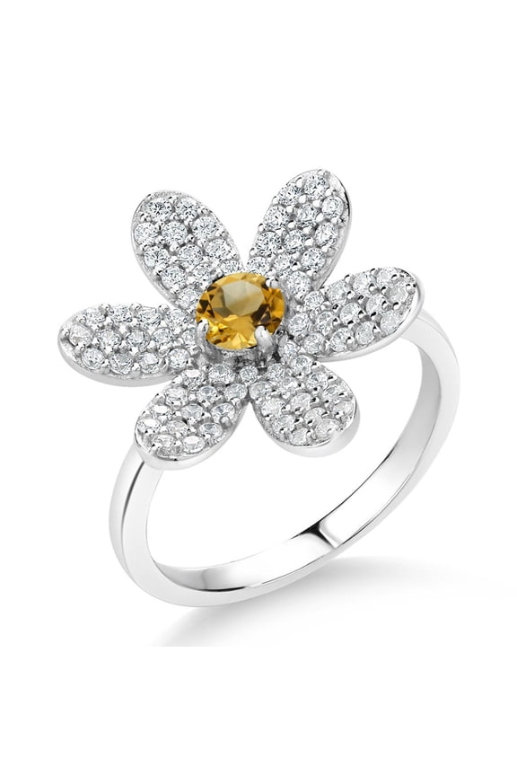 925 Sterling Silver Yellow Citrine Flower Ring for Women By Keren Hanan (1.24 Cttw, Round 4MM, Gemstone Birthstone, Available in Size 5,6,7,8,9)