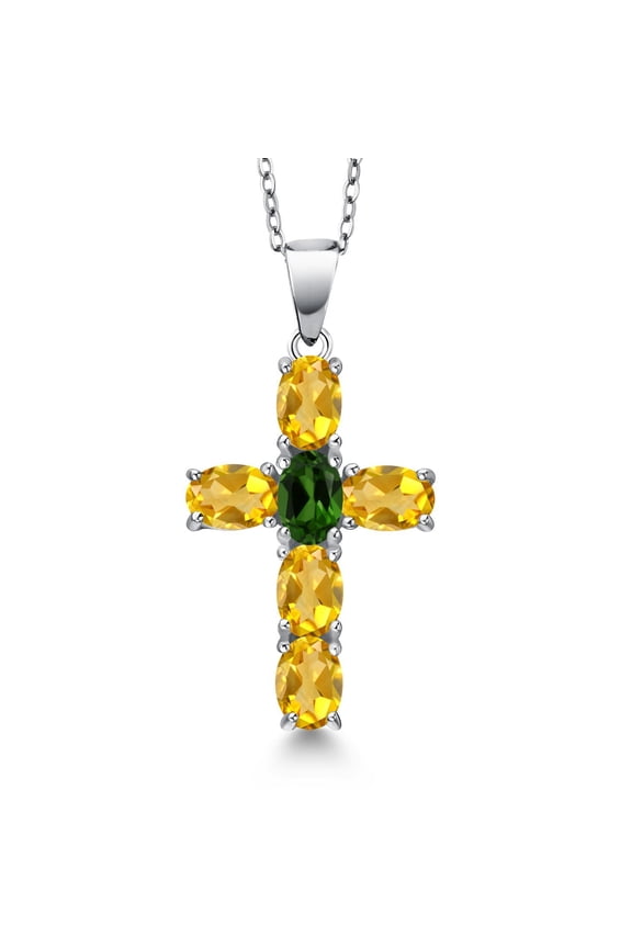 925 Sterling Silver Yellow Citrine and Green Chrome Diopside Cross Pendant Necklace for Women | 2.80 Cttw | Gemstone November Birthstone | Oval 6X4MM | With 18 inch Chain
