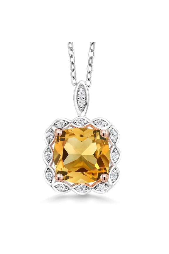 925 Sterling Silver Yellow Citrine Pendant Necklace for Women (3.17 Cttw, Cushion Cut 8MM, Gemstone Birthstone, with 18 inch Silver Chain)