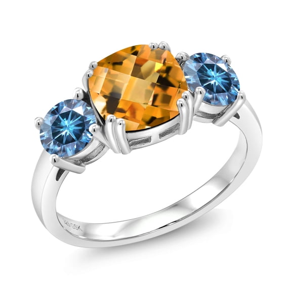 Gem Stone King 925 Sterling Silver Yellow Citrine and Persian Blue Moissanite 3 Stone Engagement Ring for Women (3.00 Cttw, Gemstone November Birthstone, Cushion Checkerboard 8MM, Size 9)
