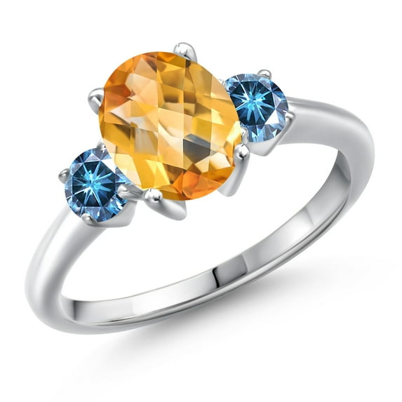 Gem Stone King 925 Sterling Silver Yellow Citrine and Persian Blue Moissanite Engagement Ring for Women | 2.11 Cttw | Oval Checkerboard 9X7MM | Gemstone November Birthstone | Size 6