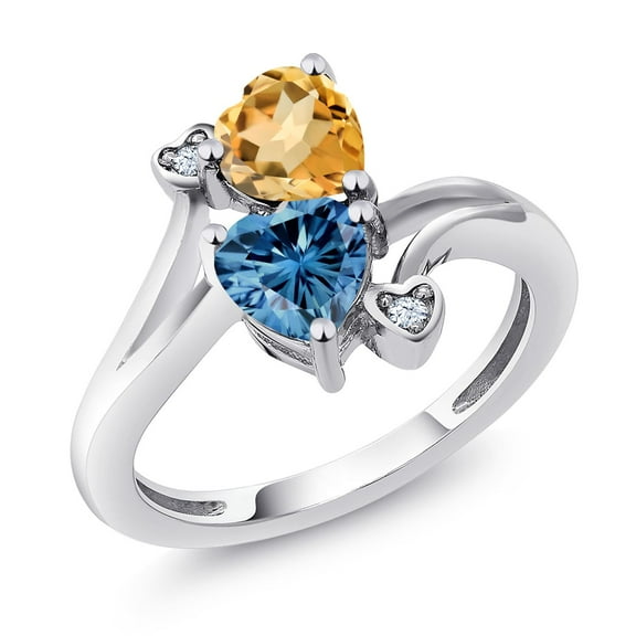 Gem Stone King 925 Sterling Silver Yellow Citrine Persian Blue Moissanite Ring for Women (1.48 Cttw, Heart Shape 6MM, Gemstone November Birthstone, Size 6)