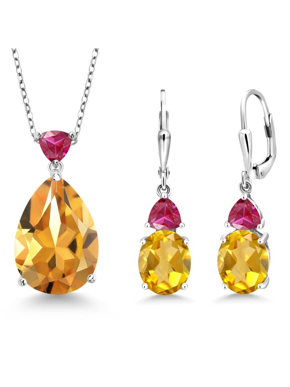 925 Sterling Silver Yellow Citrine and Red Created Ruby Pendant Earrings Jewelry Set for Women (16.89 Cttw, Pear Shape 18X13MM, with 18 inch Chain)