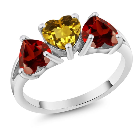 Gem Stone King 925 Sterling Silver Yellow Citrine and Red Garnet 3-Stone Ring for Women (2.50 Cttw, Heart Shape 6MM, Gemstone Birthstone, Size 6)