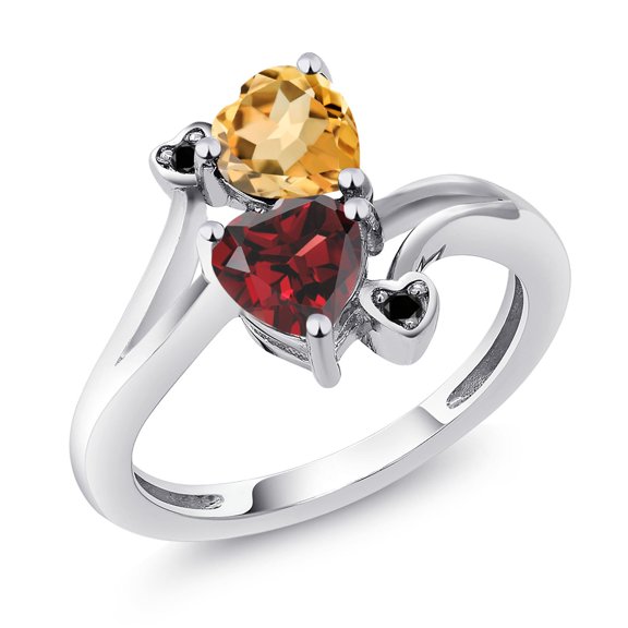 Gem Stone King 925 Sterling Silver Yellow Citrine Red Garnet and Black Diamond Ring for Women (1.63 Cttw, Heart Shape 6MM, Gemstone November Birthstone, Size 7)