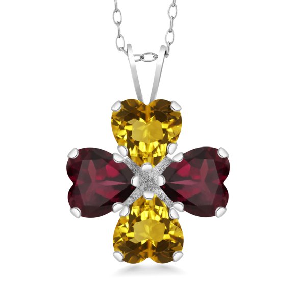 Gem Stone King 925 Sterling Silver Yellow Citrine and Red Rhodolite Garnet 4 Heart Shape Gemstone November Birthstone Pendant Necklace for Women (2.88 Cttw, 6MM Heart, with 18 inch Silver Chain)