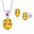thumbnail image 1 of Gem Stone King 925 Sterling Silver Yellow Citrine and Red Ruby Pendant and Earrings Jewelry Set for Women (5.84 Cttw, Gemstone Birthstone, Oval 11X9MM and 8X6MM with 18 inch Silver Chain), 1 of 3