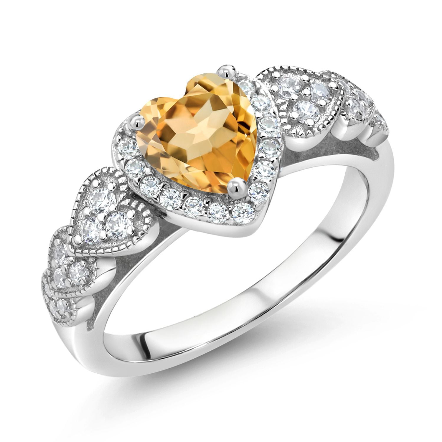 Gem Stone King 925 Sterling Silver Yellow Citrine Ring for Women (1.08 Cttw, Heart Shape 6MM, Gemstone Birthstone, Available in Size 5, 6, 7, 8, 9)