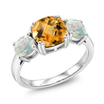 Gem Stone King 925 Sterling Silver Yellow Citrine and Simulated White Opal 3 Stone Engagement Ring for Women (4.15 Cttw, Gemstone November Birthstone, Cushion Checkerboard 8MM, Size 5)