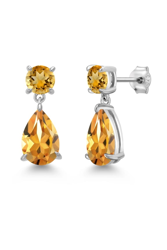 925 Sterling Silver Yellow Citrine Teardrop Dangle Drop Earrings for Women (7.38 Cttw, Gemstone Birthstone, Pear Shape 12x8MM, Round 6MM)