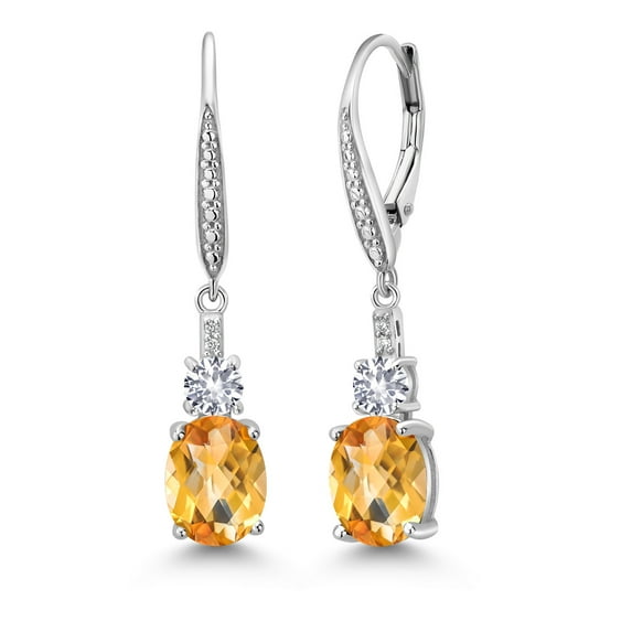 Gem Stone King 925 Sterling Silver Yellow Citrine and White Created Sapphire Dangle Earrings for Women with Lab Grown Diamond (3.83 Cttw, Oval Checkerboard 9X7MM)