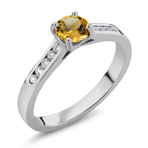 Gem Stone King 925 Sterling Silver Yellow Citrine and White Created Sapphire Engagement Ring for Women | 0.55 Cttw | Round 5MM | Gemstone November Birthstone | Size 5