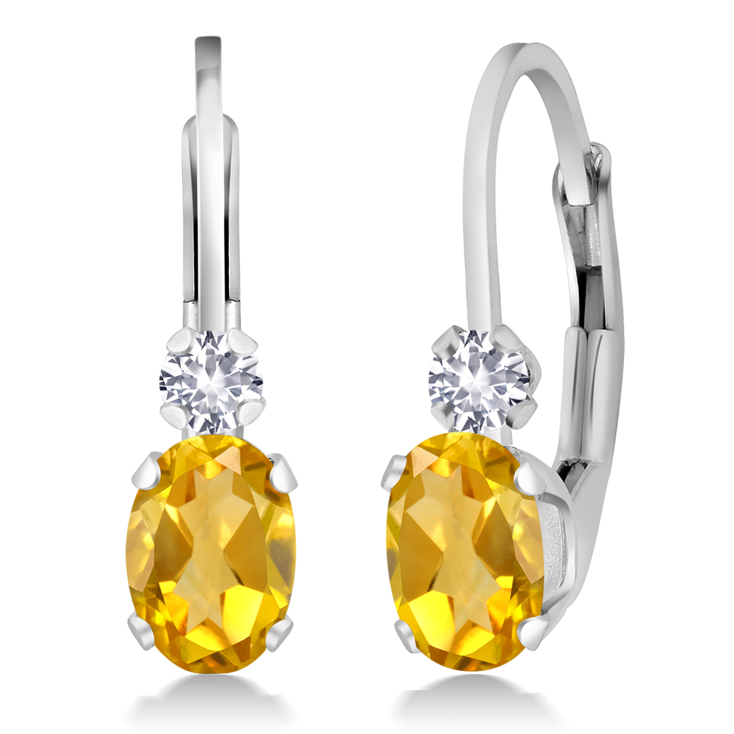 Gem Stone King 925 Sterling Silver Yellow Citrine and White Created Sapphire Leverback Earrings for Women (0.88 Cttw, Gemstone November Birthstone, Oval 6X4MM, Round 2MM, 3/4 inch)