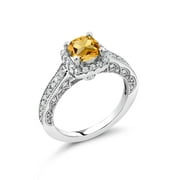Gem Stone King 925 Sterling Silver Yellow Citrine and White Created Sapphire Ring For Women (1.51 Cttw, Cushion 6MM, Gemstone Birthstone, Available In Size 5, 6, 7, 8, 9)