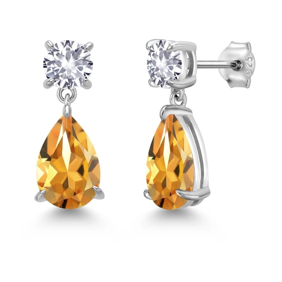 Gem Stone King 925 Sterling Silver Yellow Citrine and White Created Sapphire Teardrop Dangle Drop Earrings for Women (7.78 Cttw, Gemstone Birthstone, Pear Shape 12x8MM, Round 6MM)