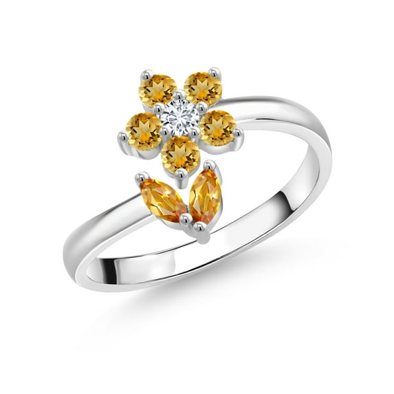 Gem Stone King 925 Sterling Silver Yellow Citrine and White Lab Grown Diamond Flower Open Ring for Women (0.54 Cttw, Gemstone November Birthstone, Size 9)