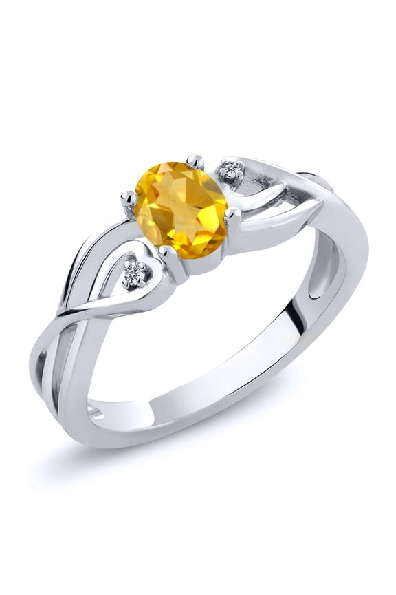 925 Sterling Silver Yellow Citrine and White Lab Grown Diamond Ring for Women (0.41 Cttw, Gemstone Birthstone, Size 9)