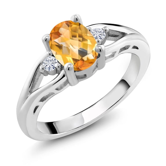 Gem Stone King 925 Sterling Silver Yellow Citrine and White Moissanite 3 Stone Engagement Ring for Women | 1.33 Cttw | Oval Checkerboard 8X6MM | Round 2MM | Gemstone November Birthstone | Size 6