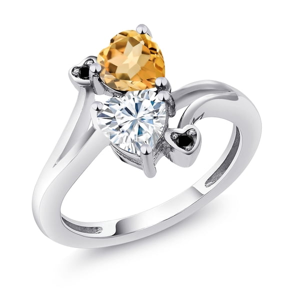 Gem Stone King 925 Sterling Silver Yellow Citrine White Moissanite and Black Diamond Ring for Women (1.48 Cttw, Heart Shape 6MM, Gemstone November Birthstone, Size 9)