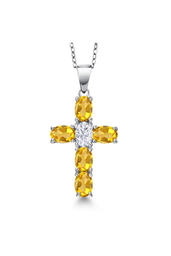 925 Sterling Silver Yellow Citrine and White Moissanite Cross Pendant Necklace for Women | 2.75 Cttw | Gemstone November Birthstone | Oval 6X4MM | With 18 inch Chain