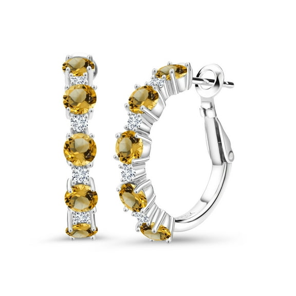 Gem Stone King 925 Sterling Silver Yellow Citrine and White Moissanite Hoop Earrings for Women (2.86 Cttw, Round 4MM and 1.9MM, Gemstone Birthstone 1 inch Diameter)