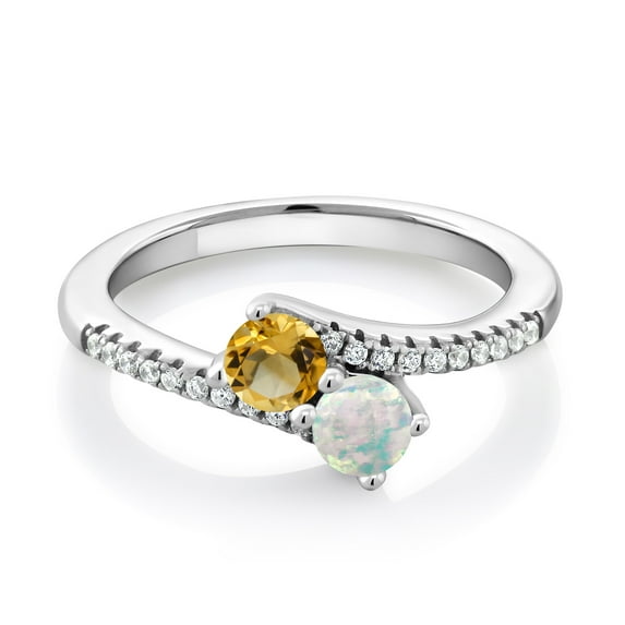Gem Stone King 925 Sterling Silver Yellow Citrine and White Opal Bypass Ring for Women (0.75 Cttw, Gemstone November Birthstone, Round 4MM, Available in Size 5, 6, 7, 8, 9)