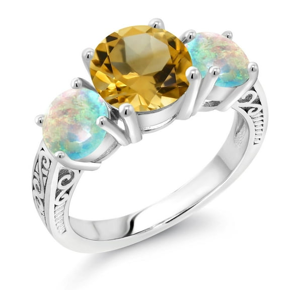Gem Stone King 925 Sterling Silver Yellow Citrine and White Simulated Opal 3-Stone Women Ring (3.50 Cttw, Gemstone Birthstone, Size 9)