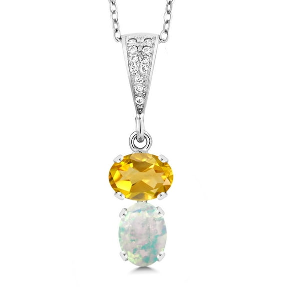 Gem Stone King 925 Sterling Silver Yellow Citrine and White Simulated Opal Pendant Necklace for Women (2.22 Cttw, Gemstone November Birthstone, Oval 8x6MM, with 18 inch Chain)