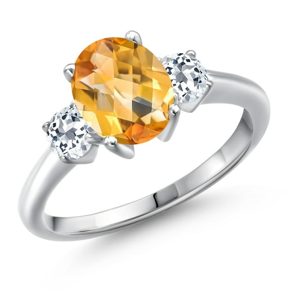Gem Stone King 925 Sterling Silver Yellow Citrine and White Topaz Engagement Ring for Women | 2.31 Cttw | Oval Checkerboard 9X7MM | Gemstone November Birthstone | Size 7