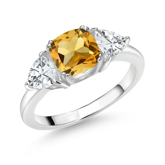 Gem Stone King 925 Sterling Silver Yellow Citrine and White Zirconia 3 Stone Engagement Ring for Women (2.94 Cttw, Gemstone November Birthstone, Available in Size 5, 6, 7, 8, 9)