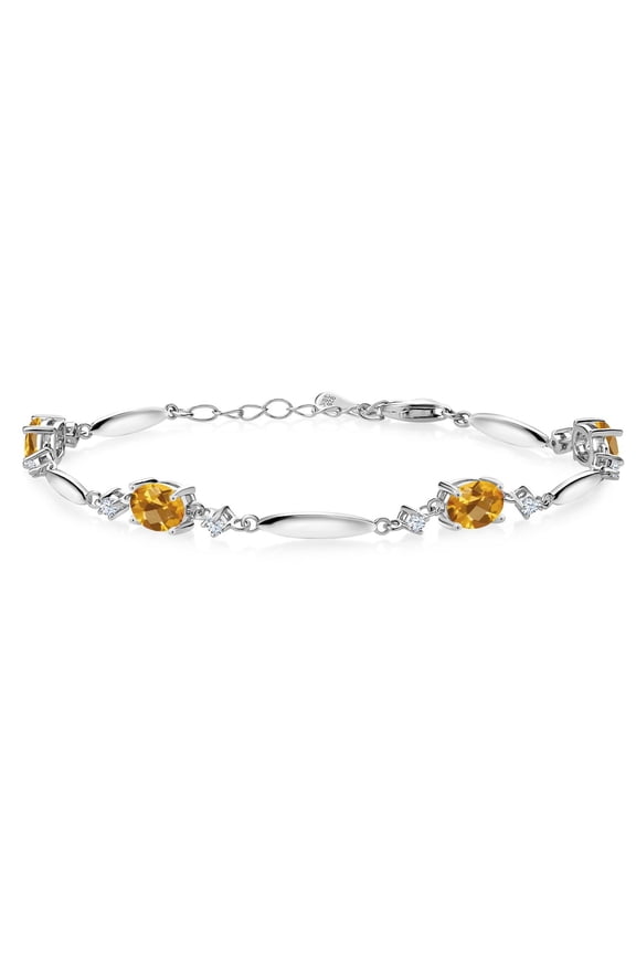 925 Sterling Silver Yellow Citrine and White Zirconia Tennis Bracelet for Women | 3.14 Cttw | Gemstone November Birthstone | Oval Checkerboard 7X5MM | 6 inch + 1 inch Extender