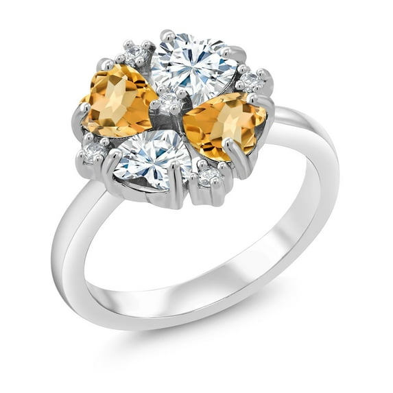 Gem Stone King 925 Sterling Silver Yellow Citrine and Moissanite Ring for Women (2.00 Cttw, Heart Shape 5MM, Gemstone November Birthstone, Size 5)