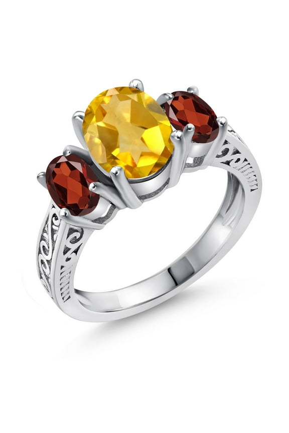 925 Sterling Silver Yellow Citrine and Red Garnet 3 Stone Ring for Women (2.25 Cttw, Oval 9X7MM, Gemstone November Birthstone, Size 6)