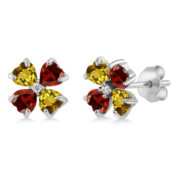 Gem Stone King 925 Sterling Silver Yellow Citrine and Red Garnet Earrings for Women | 2.23 Cttw | Gemstone November Birthstone | Heart Shape 4MM