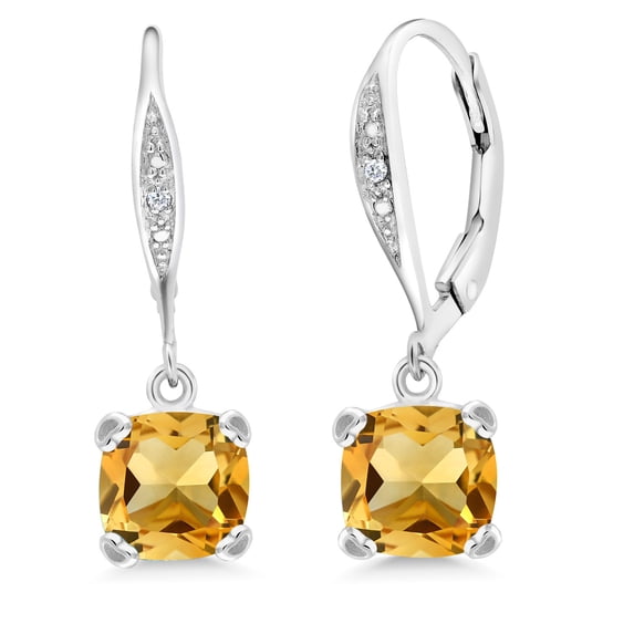 Gem Stone King 925 Sterling Silver Yellow Citrine and White Diamond Earrings for Women (2.81 Cttw, Gemstone November Birthstone, Cushion 7MM)