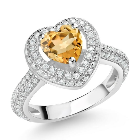 Gem Stone King 925 Sterling Silver Yellow Citrine and White Moissanite Heart Shape Ring for Women (1.27 Cttw, Size 7)