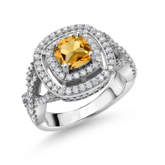 Gem Stone King 925 Sterling Silver Yellow Citrine and White Moissanite Ring for Women (1.84 Cttw, Gemstone Birthstone, Cushion Cut 6MM, Size 9)