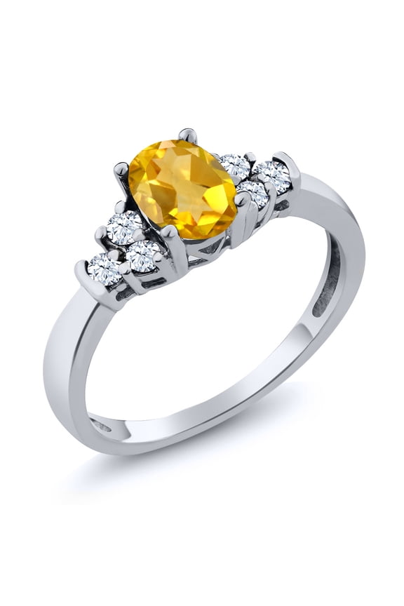 925 Sterling Silver Yellow Citrine and White Topaz Women Engagement Ring (0.64 Ct Oval Gemstone November Birthstone)