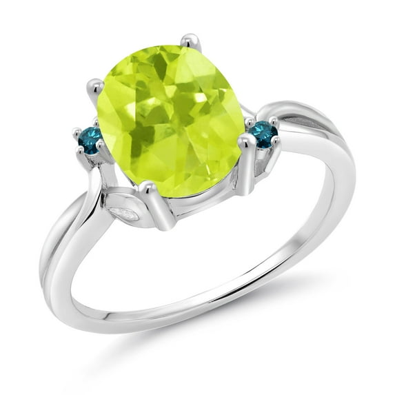 Gem Stone King 925 Sterling Silver Yellow Lemon Quartz and Blue Diamond 3 Stone Ring for Women (2.03 Cttw, Oval 10X8MM, Gemstone Birthstone, Size 9)