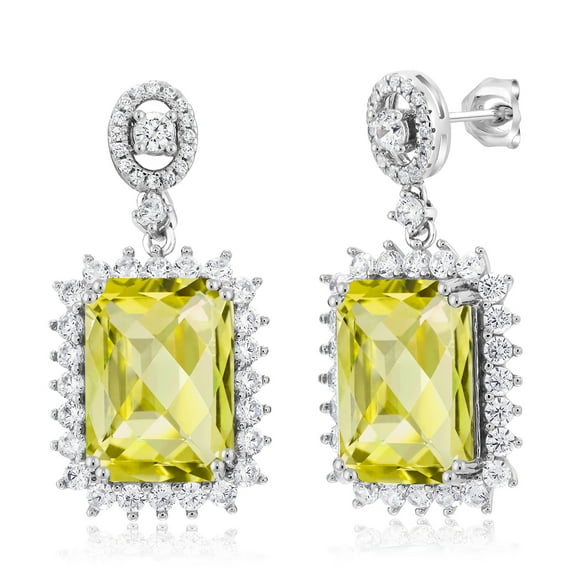 Gem Stone King 925 Sterling Silver Yellow Lemon Quartz Dangle Earrings for Women (14.30 Cttw, Gemstone Birthstone, Octagon Checkerboard 14X10MM)