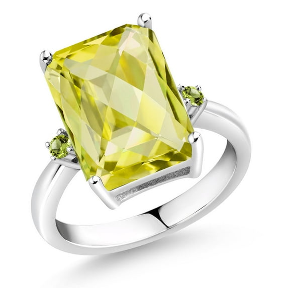 Gem Stone King 6.95 Cttw Yellow Lemon Quartz and Green Peridot Ring for Women | 925 Sterling Silver | Emerald Cut Checkerboard 14x10MM | Wedding Engagement Anniversary Promise Ring for Women | Size 9
