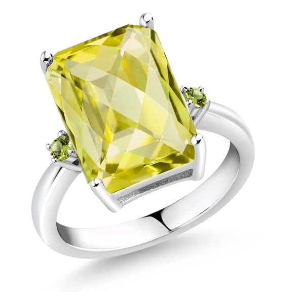 Gem Stone King 6.95 Cttw Yellow Lemon Quartz and Green Peridot Ring for Women | 925 Sterling Silver | Emerald Cut Checkerboard 14x10MM | Wedding Engagement Anniversary Promise Ring for Women | Size 7