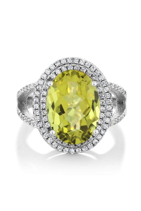 925 Sterling Silver Yellow Lemon Quartz Women Ring (7.34 Ct Oval Checkerboard, Available in Size 5,6,7,8,9)