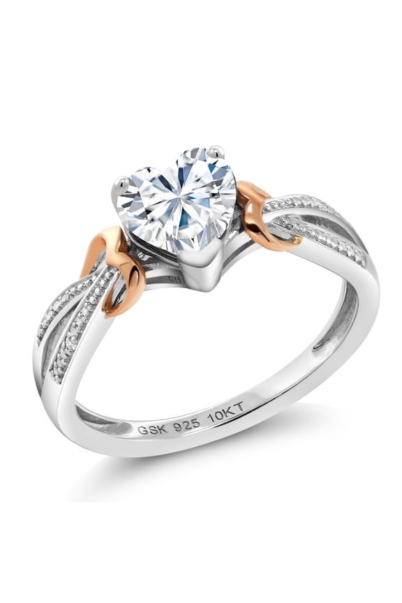 925 Sterling Silver and 10K Rose Gold White Heart Shape Moissanite and White Diamond Engagement Ring for Women (0.81 Cttw, Size 8)
