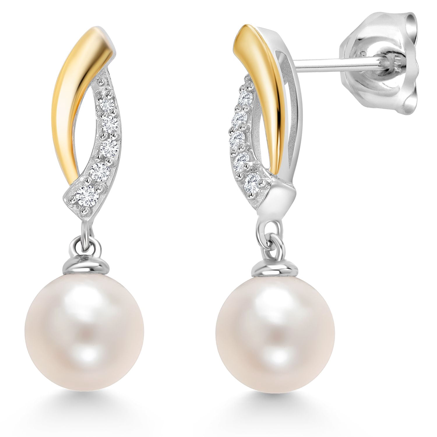 Gem Stone King 925 Sterling Silver and 10K Yellow Gold 7MM Round Cultured Freshwater Pearl and Lab Grown Diamond Dangle Earrings for Women