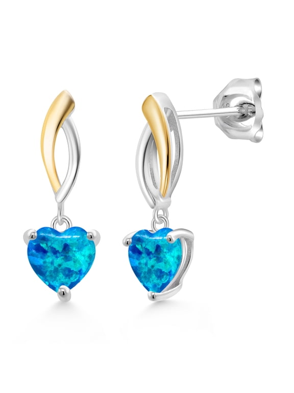 925 Sterling Silver and 10K Yellow Gold Blue Opal Dangle Earrings for Women (1.50 Cttw, Gemstone October Birthstone, Heart Shape 6MM)